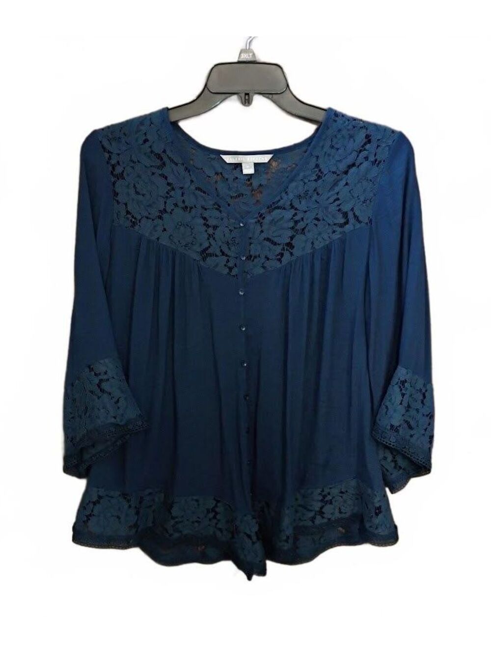 Valerie Stevens Navy Blue Lace Trim Button Front Blouse Plus Size 1X